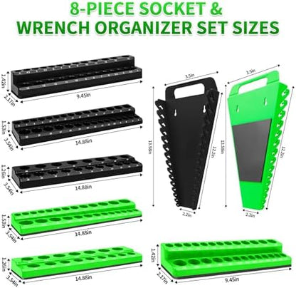 8 Piece Magnetic Socket Organizer Set, 1/4", 3/8", 1/2" Drive Metric and SAE Socket Holder Trays, Socket Organizer for Tool Box Drawer, Garage, Workbench and Mechanic Cart, Black and Green - Image 2