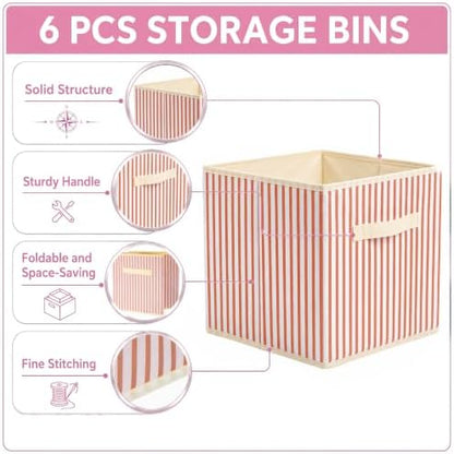 Amyhill 6 Pack Mixed Colors Striped Basics Collapsible Fabric Storage Bins - Image 3