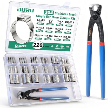 OURU 220PCS Single Ear Hose Clamps with Ear Clamp Plier, 5.3-33.1mm,12Sizes by OURU