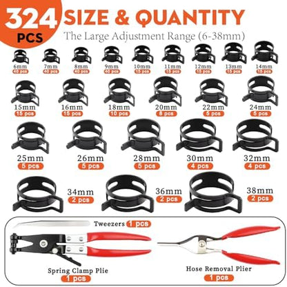 324Pcs Spring Hose Clamp Kit (6-38mm) with 2 Pliers - Image 2
