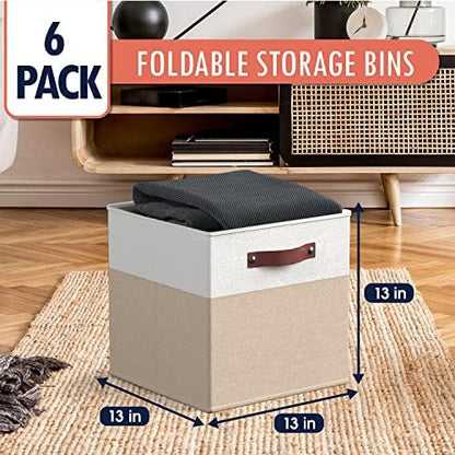 Ornavo Home 13x13 Foldable Fabric Storage Cube Bins, 6 Pack, White/Khaki - Image 6