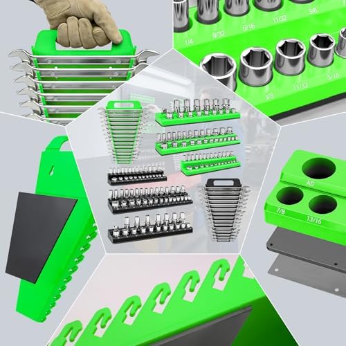 8 Piece Magnetic Socket Organizer Set, 1/4", 3/8", 1/2" Drive Metric and SAE Socket Holder Trays, Socket Organizer for Tool Box Drawer, Garage, Workbench and Mechanic Cart, Black and Green - Image 5