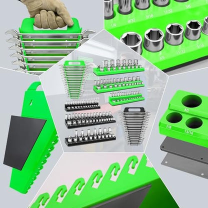 8 Piece Magnetic Socket Organizer Set, 1/4", 3/8", 1/2" Drive Metric and SAE Socket Holder Trays, Socket Organizer for Tool Box Drawer, Garage, Workbench and Mechanic Cart, Black and Green - Image 5
