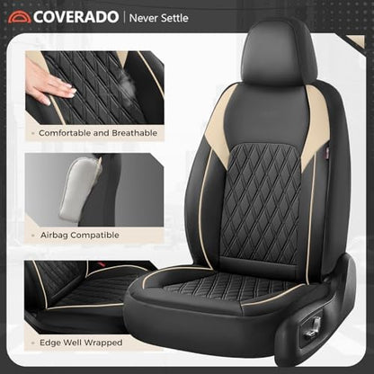 Coverado Seat Covers Full Set, Faux Leather Car Seat Covers for Cars, Waterproof Car Seat Cover, Universal Seat Covers, Car Seat Protector Car Seat Cushion Universal Fit Most Cars Trucks, Black&Beige - Image 2