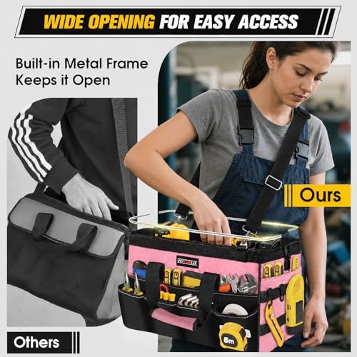 Veitorld 16-Inch Tool Bag Tool Box Organizer, Heavy Duty Tool Organizer with 19 Pockets, Wide Mouth Design for Easy Access, Portable Tool Tote Gift for Women and Men, Garage, Workshop, Pink - Image 7