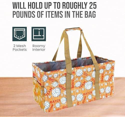 Extra Large Utility Tote Bag - Oversized Collapsible Reusable Wire Frame Rectangular Canvas Basket With Two Exterior Pockets For Beach, Pool, Laundry, Car Trunk, Storage - Volleyball - Image 5