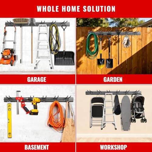 Garage Tool Organizer Wall Mount, Easy to 48inch Install Heavy-Duty Garage Storage System with 6 Adjustable Universal Hooks, Garden Tool Rack for Shovels, Rakes, Yard Tools - Image 6