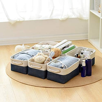 Storage Basket for Organizing - 12x8x5.2 inch Small 6 Pack Fabric Storage Bin Collapsible Baskets for Shelves with Rope, Storage Box for Cloth Decorative Laundry Canvas(White & Blue) - Image 2