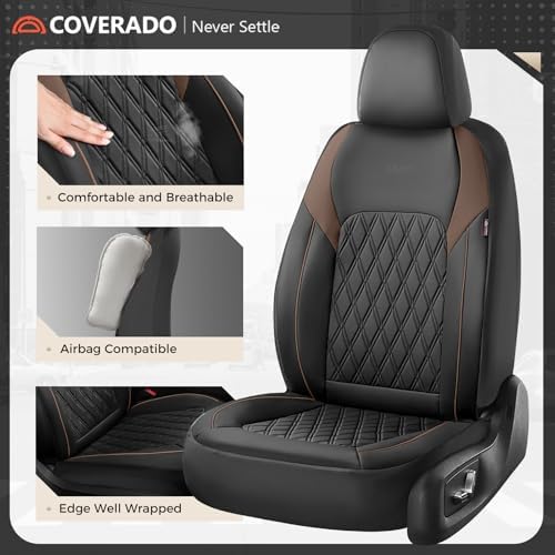 Coverado Leather Seat Covers, Front and Back Seat Covers for Cars, Waterproof Automotive Seat Covers Car Seat Protector Car Seat Cushion Universal Interior Truck Accessories Fit Most Cars Black&Coffee - Image 5