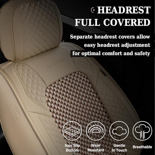 Coverado Seat Covers Full Set, 5 Seats Universal Seat Covers for Cars, Beige Car Seat Covers Front Seats Back Seat Cover, Breathable Car Seat Cushion, Leather Seat Cover Seat Protector Fit Most Cars - Image 6