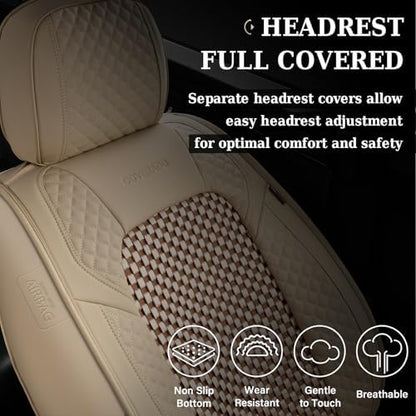 Coverado Seat Covers Full Set, 5 Seats Universal Seat Covers for Cars, Beige Car Seat Covers Front Seats Back Seat Cover, Breathable Car Seat Cushion, Leather Seat Cover Seat Protector Fit Most Cars - Image 6