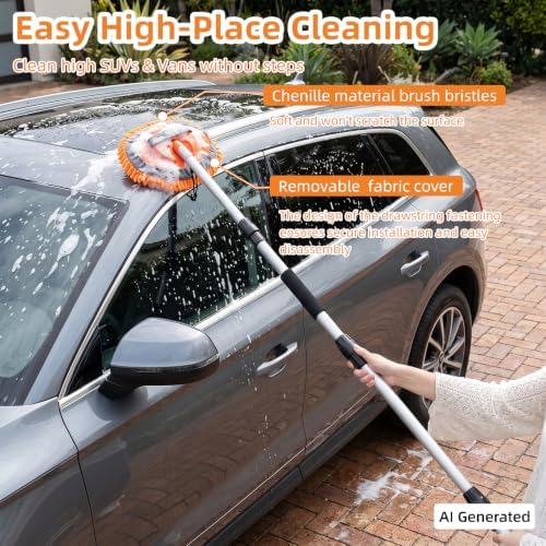 70" Car Wash Brush with Long Handle, 12-Inch Flow-Thru Soft Bristle Car Washing Brush, Wheel Brush, Microfiber Cleaning Mop, Mitt, Window Squeegee, Interior Cleaning Kit, Bag, for Car SUV Truck RV - Image 4