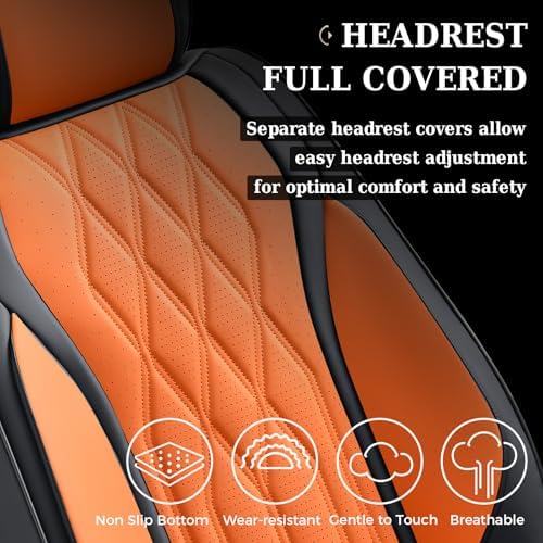 Coverado Seat Covers FullSet, 5 Seats Car Seat Protector, Waterproof Nappa Leather Cushion, Front & Rear Fit for Most Sedans SUV Pick-up Truck-Black&Orange - Image 6