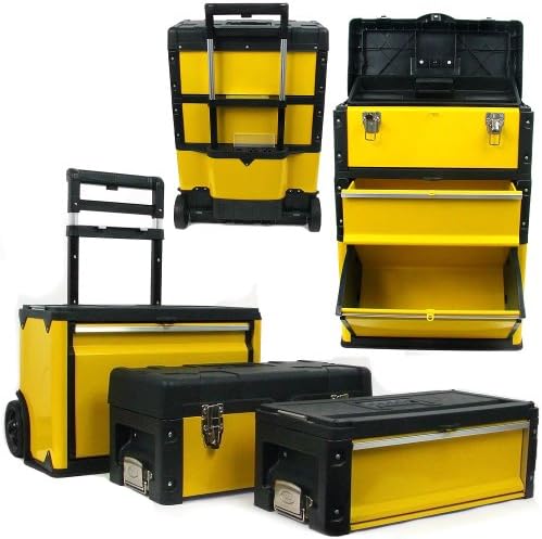 Portable Tool Box on Wheels - Stackable 3-in-1 Chest for Workshops and Craft Rooms - Foldable Comfort Handle and Latches by Stalwart (Black/Yellow) by Stalwart