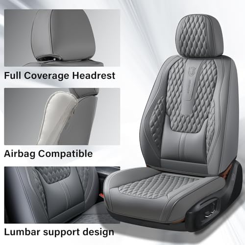 Coverado Car Seat Covers Full Set, Nappa Leather Seat Covers for Car, Waterproof Car Seat Protector with Lumbar Support, Automotive Seat Covers Universal Fit for Most Cars SUV Trucks (Gray) - Image 3