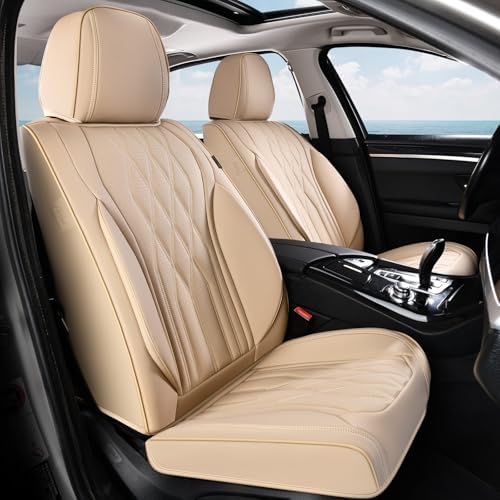 Coverado Front Seat Covers, Car Seat Protector, Waterproof Nappa Leather Cushion, Fit for Most Sedans SUV Pick-up Truck-Beige by COVERADOAUTO
