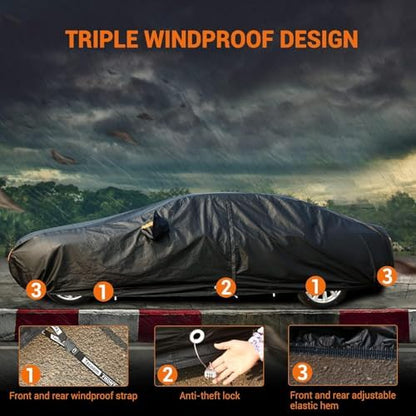 Tecoom All Weather Car Cover Waterproof Windproof Hail Protector with Fleece Lining & Zipper Door, UV Sun Protection, Fit for Sedan (170"–190"), Black - Image 3