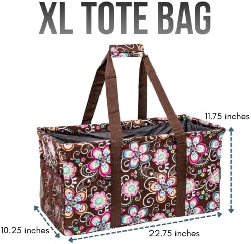 Extra Large Utility Tote Bag - Oversized Collapsible Reusable Wire Frame Rectangular Canvas Basket With Two Exterior Pockets For Beach, Pool, Laundry, Car Trunk, Storage - Brown Daisy - Image 4