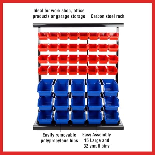 47-Bin Garage Organization Rack (15 Large, 32 Small) - Tabletop or Wall Mount Steel Rack with Removable Stackable Garage Storage Bins, Small Parts Organizer for Hardware or Office Supplies by Stalwart - Image 4