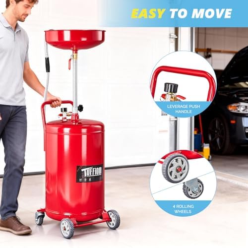 TUFFIOM 20 Gallon Waste Oil Drain Tank with Wheels & Handle, Adjustable Funnel Height Air-Operated Oil Drainer, Large Capacity Leak-Proof Oil Drain Container for Auto Fluids, Garage, Red - Image 4