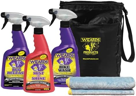 Wizards Motorcycle Cleaning Kit - Bike Wash Foam and Rinse, Quick Detailer Spray, and Bug Remover with Fiber Cloth and Detailing Bag - Portable Motorcycle Wash Kit with Accessories by Wizards