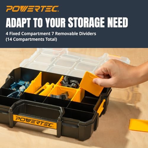 POWERTEC Small Parts Organizer & Tool Box – 14 Compartments, Stackable Storage with Interlocking Latch, Removable Dividers, Clear Lid, Portable Design (72364) - Image 3