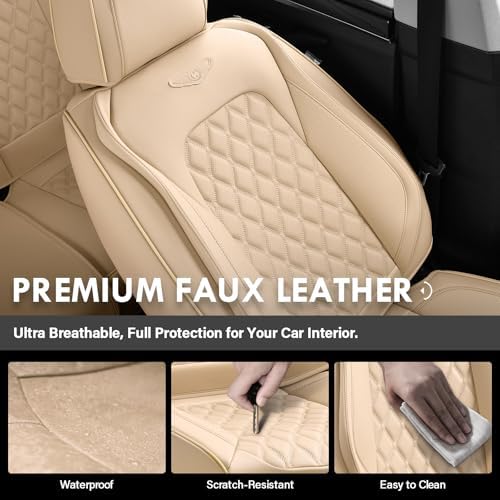 Coverado Front Car Seat Covers, Faux Leather Oil-Resistant Non-Slip Cushions, Universal Fit for Sedans, Pickups, SUVs, Waterproof Seat Covers, Car Seat Protectors – Beige - Image 5