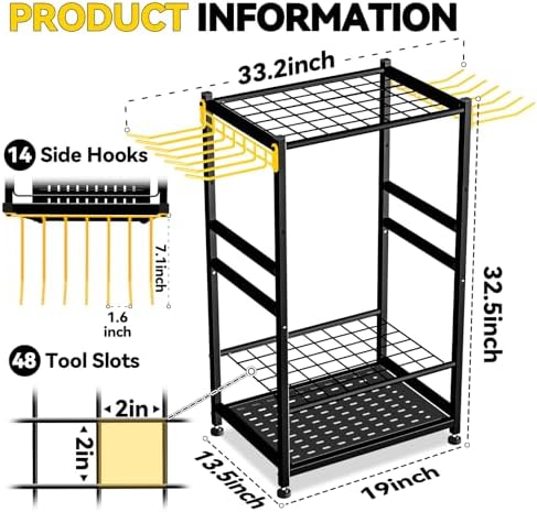 Garden Tool Organizer, Up 48 Long Handle Tool, Garage Storage and Organization with Side Hook for Broom/Rake/Shovel/T-Handle Tool, Heavy Duty Steel Outdoor Tool Rack,Yard Tool Stand for Shed - Image 2