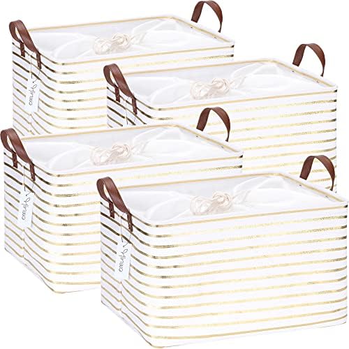 Hinwo 31L Large Canvas Storage Bin with Lid and Handles, 4-Pack by Hinwo