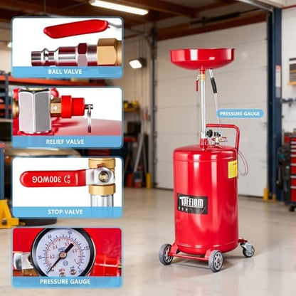 TUFFIOM 20 Gallon Waste Oil Drain Tank with Wheels & Handle, Adjustable Funnel Height Air-Operated Oil Drainer, Large Capacity Leak-Proof Oil Drain Container for Auto Fluids, Garage, Red - Image 6