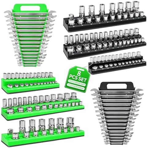 8 Piece Magnetic Socket Organizer Set, 1/4", 3/8", 1/2" Drive Metric and SAE Socket Holder Trays, Socket Organizer for Tool Box Drawer, Garage, Workbench and Mechanic Cart, Black and Green by PawtyPets