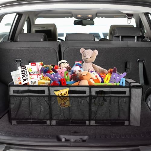 Collapsible Trunk Organizer with Insulated Leakproof Cooler Bag,Removable Lid,Adjustable Securing Straps,3 Compartments Trunk Organizer for SUV,Truck,Sedan(Light Grey) - Image 2