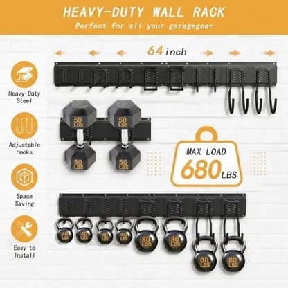 CBWLWJ 64 Inch Garage Tool Organizer Wall Mount, Heavy Duty Steel Storage Rack with 10 Adjustable Hooks, 680 lbs Capacity for Garage, Shed, Basement, Workshop,（Black） - Image 2