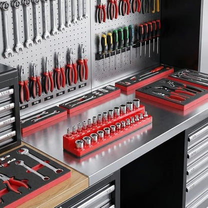 Magnetic Socket Organizer Set, 8PCS Socket Holder Organizer with 6 Socket Trays & 2 Wrench Racks, 1/4", 3/8", 1/2" Metric & SAE Tool Box Organizer for Garage, Toolbox, (Socket, Wrench not Included) - Image 4