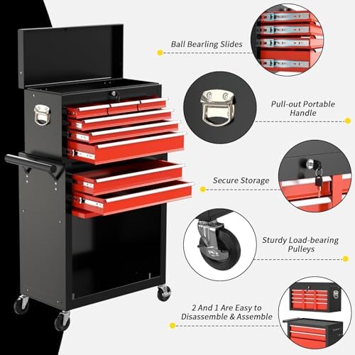 On Shine 8 Drawer Rolling Tool Chest, Large Capacity Rolling Tool Box with Wheels, Locking Mechanical Tool Chest, Portable Tool Box with Sliding Drawers for Garage Workshop and Tool Room (Black Red) - Image 5