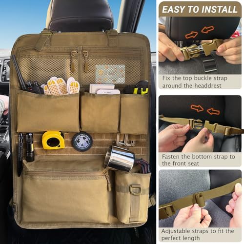 Tactical Car Seat Organizer with Multiple Pockets, MOLLE Panel System & Mesh Compartments, Durable Nylon ​Universal Vehicle Seat Back Storage with Cup Holder, Water-Resistant (Mud)​ - Image 2