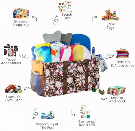 Extra Large Utility Tote Bag - Oversized Collapsible Reusable Wire Frame Rectangular Canvas Basket With Two Exterior Pockets For Beach, Pool, Laundry, Car Trunk, Storage - Brown Daisy - Image 3