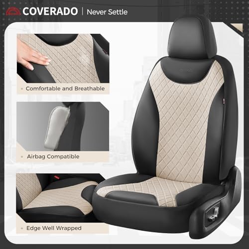 Coverado Front Seat Covers, 2 Seats Universal Seat Covers for Cars, Leather & Fabric Splicing Design Car Seat Protectors, Waterproof Car Seat Cushions Universal Fit for Vehicles, Black & Beige - Image 2
