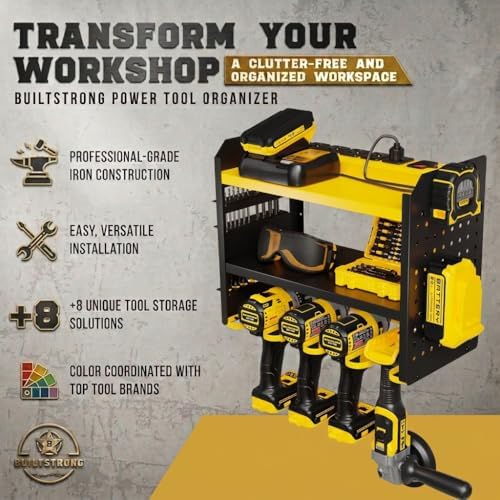 BUILTSTRONG Power Tool Organizer Wall Mount – 3-Tier Heavy-Duty Steel Rack, 4 Drill Slots, Pegboard + Utility Side, 100 lb Capacity – Garage, Workshop & Shed Storage (Yellow) - Image 3