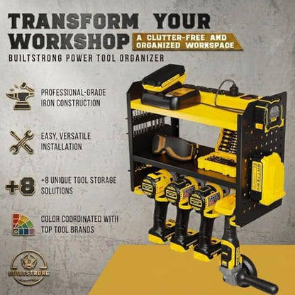 BUILTSTRONG Power Tool Organizer Wall Mount – 3-Tier Heavy-Duty Steel Rack, 4 Drill Slots, Pegboard + Utility Side, 100 lb Capacity – Garage, Workshop & Shed Storage (Yellow) - Image 3