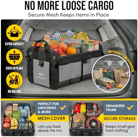 Car Trunk Organizer - Collapsible, Foldable - with Covering Net, Removable Dividers, Attachable Non-Slip Pads, Mounting Straps, and Stainless Hooks - for SUV, Truck, Sedan, Minivan, and Van - Gray - Image 4