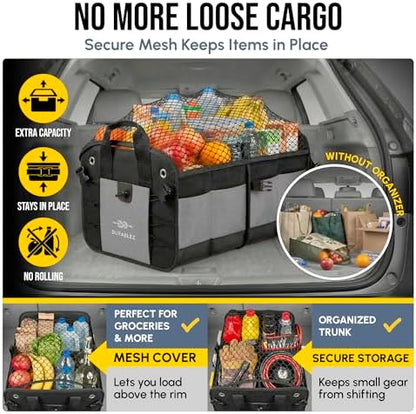 Car Trunk Organizer - Collapsible, Foldable - with Covering Net, Removable Dividers, Attachable Non-Slip Pads, Mounting Straps, and Stainless Hooks - for SUV, Truck, Sedan, Minivan, and Van - Gray - Image 4