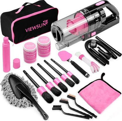 17pcs Car Cleaning Kit, Pink Car Interior Detailing Kit with High Power Handheld Vacuum, Detailing Brush Set, Windshield Cleaner, Cleaning Gel, Complete Auto Accessories for Women Gift by Viewsun