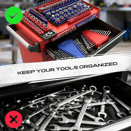 8-Piece Magnetic Socket and Wrench Organizer Set, Metric & SAE, 1/4", 3/8", 1/2"Drive Detachable Socket Storage Tray, 24-Slot Wrench Holder with Non-Slip Handle & Lock Cover for Toolbox Drawer Storage - Image 4