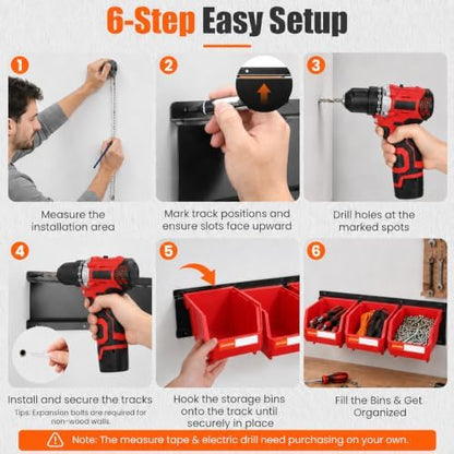 12pc Wall-Mounted Storage Organizer Set with Metal Rails Red - Image 4
