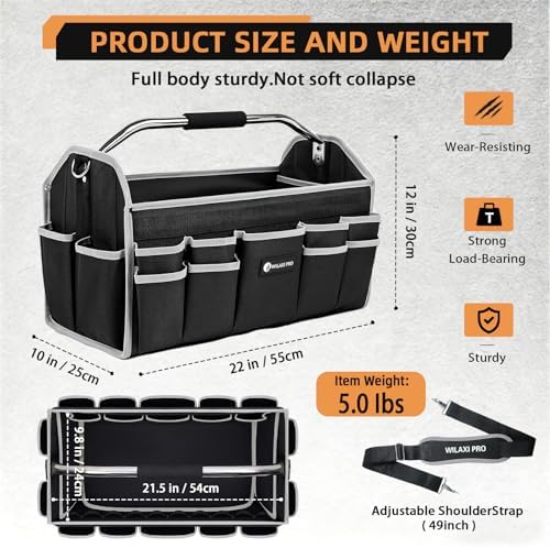 22in Tool Bags For Men Heavy Duty, 33 PCS Pockets Tool Bag Organizer Foldable Open Top Tool Bag With Handle, Wide Mouth Electrician Tool Tote, Grey - Image 2