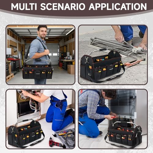 22 In Tool Carrier, Open Top Tool Tote 30 Pockets, Waterproof Tool Bag For Men, Foldable Wide Mouth Electricians Tool Bag, With Stainless Steel Handle and Removable Shoulder Strap - Image 7