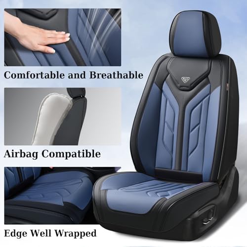 Coverado Seat Covers, Car Seat Covers Front Seats, Leather Seat Covers for Cars, Automotive Seat Covers Car Seat Protector Car Seat Cushion Universal Fit for Most Sedans SUV Pick-up Truck(Black&Blue) - Image 4