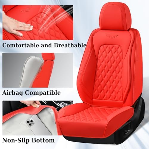 Coverado Full Set Car Seat Covers, 5-Seat Universal Faux Leather Waterproof Seat Covers, Front & Back Car Seat Protectors, Red Leather Seat Covers Fit for Most Vehicles-Red - Image 2