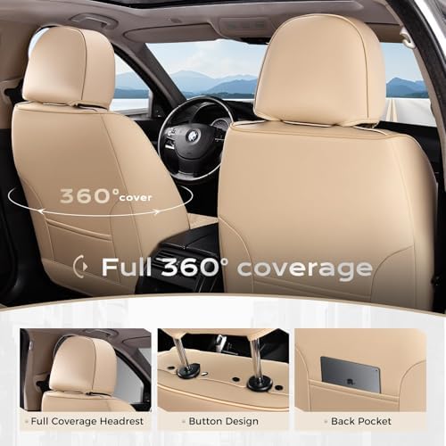 Coverado Leather Seat Covers, Car Seat Cover Full Set, 5 Seats Beige Seat Covers, Automotive Seat Covers Waterproof Car Seat Cushion Protectors Universal Seat Cover Fit for Most Cars Trucks SUV - Image 4